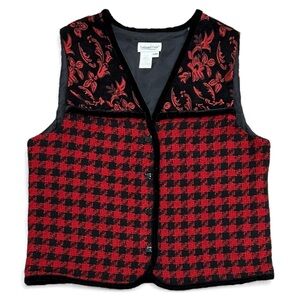 Coldwater Creek Red & Black Jacquard Floral Houndstooth Vest Velvet Trim Large